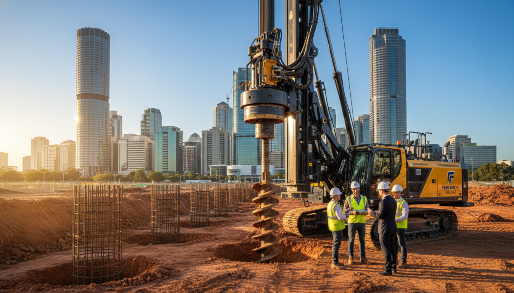 A construction site featuring Fenwick Drilling's advanced foundation drilling machinery in action. In the foreground, we see a large, precisely-engineered drilling rig with intricate details such as hydraulic arms and drill bits cutting into the earth. Workers in professional business attire, wearing helmets and safety gear, are communicating and monitoring equipment operations. In the middle ground, several bore piers are partially excavated, showcasing the depth and precision of the drilling work. The background has a clear blue sky contrasted with urban Brisbane architecture, emphasizing the industrial setting. Soft, natural lighting highlights the machinery and creates a dynamic atmosphere. The camera angle captures both the monumental scale of the drilling operation and the skilled teamwork involved.