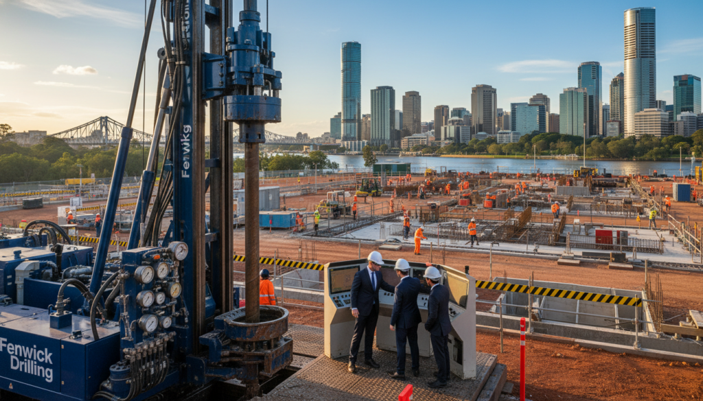 A dynamic scene showcasing industrial drilling in Brisbane, featuring a state-of-the-art drilling rig operated by skilled professionals in smart business attire. In the foreground, capture the robust machinery with visible hydraulic components and precision tools, emphasizing the fine details of the drilling mechanism. The middle ground should depict a busy construction site with workers collaborating efficiently, highlighting safety measures and teamwork. In the background, the Brisbane skyline presents a mix of modern architecture and natural elements, under a clear blue sky. Warm, natural lighting enhances the scene, creating a vibrant and industrious atmosphere. The branding "Fenwick Drilling" prominently displayed on the drilling rig, reinforcing the company's commitment to quality and precision in the field of industrial drilling.
